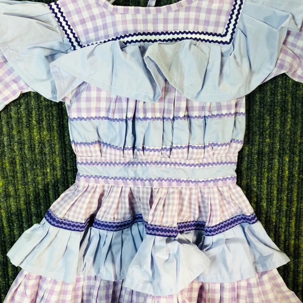 Kids‎ Lavender Gingham Ruffle Tiered Dress with Navy Trim